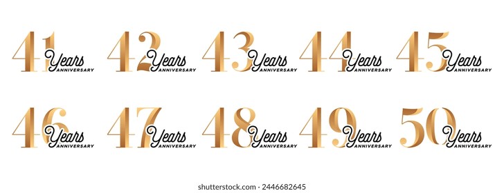 set of anniversary logos from 41 year to 50 years with gold numbers on a white background for celebratory moments,celebration event.