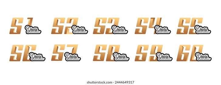 set of anniversary logos from 51 year to 60 years with gold numbers on a white background for celebratory moments,celebration event.