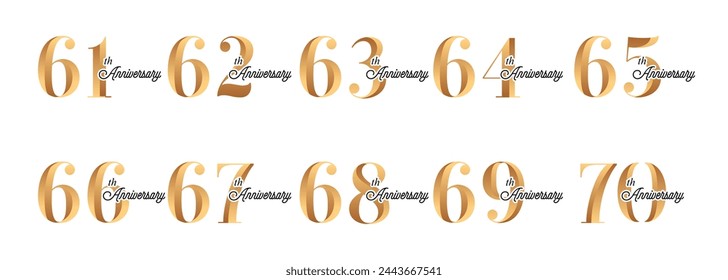 Conjunto de logotipos de aniversario de 61 a 70 años con números de oro sobre fondo blanco para momentos de celebración, evento de celebración.