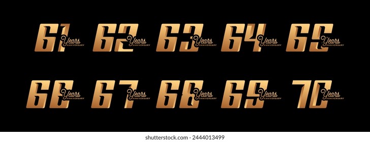 set of anniversary logos from 61 year to 70 years with gold numbers on a black background for celebratory moments,celebration event.