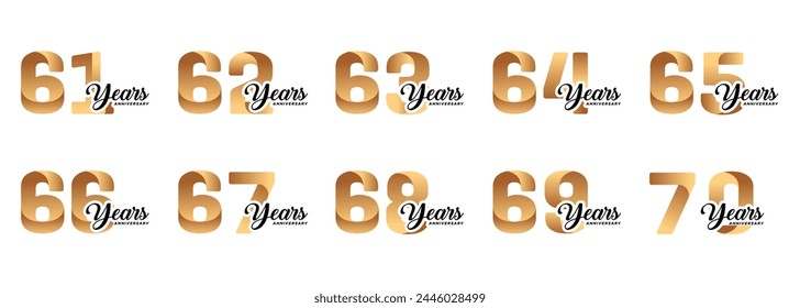 set of anniversary logos from 61 year to 70 years with gold numbers on a white background for celebratory moments,celebration event.