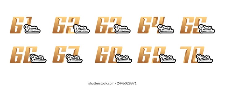 Conjunto de logotipos de aniversario de 61 a 70 años con números de oro sobre fondo blanco para momentos de celebración, evento de celebración.