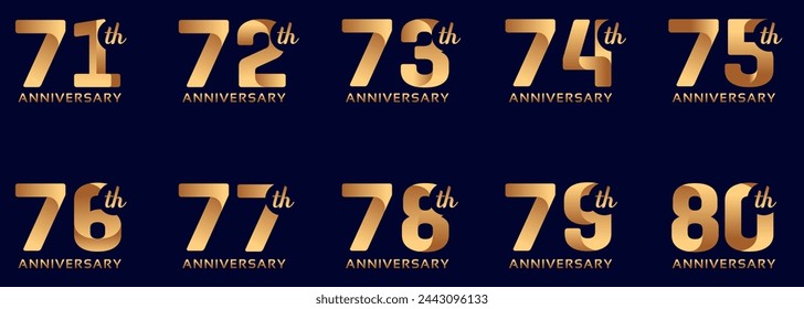 Conjunto de logotipos de aniversario de 71 años a 80 años con números de oro sobre un fondo negro para momentos de celebración, evento de celebración.