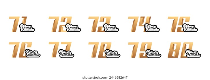 set of anniversary logos from 71 year to 80 years with gold numbers on a white background for celebratory moments,celebration event.