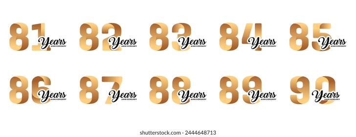 set of anniversary logos from 81 year to 90 years with gold numbers on a white background for celebratory moments,celebration event.