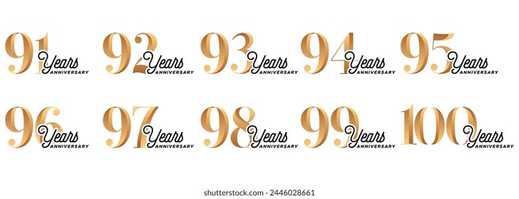 set of anniversary logos from 91 year to 100 years with gold numbers on a white background for celebratory moments,celebration event.