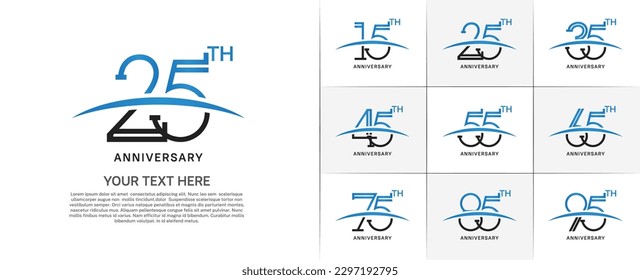 set of anniversary logotype black and blue color with swoosh for special celebration event