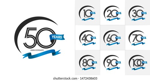 set of anniversary logotype with black color and blue ribbon for celebration purpose and special moment