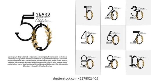 set of anniversary logotype black color with golden leaf for special celebration event