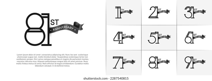 set of anniversary logotype black color with black ribbon on white background for special celebration event