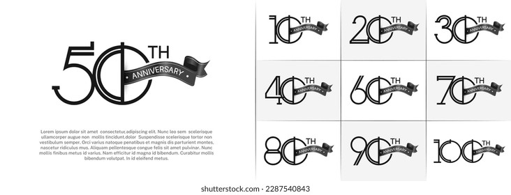 set of anniversary logotype black color with black ribbon on white background for special celebration event