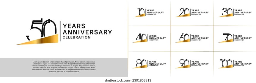 set of anniversary logotype black color with golden ribbon for special celebration event