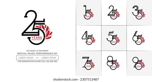 set of anniversary logotype black color with red ornament for special celebration event