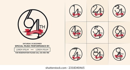 set of anniversary logotype black color in circle and red ribbon for special celebration event