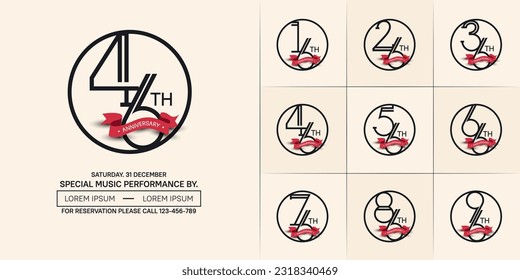 set of anniversary logotype black color in circle and red ribbon for special celebration event