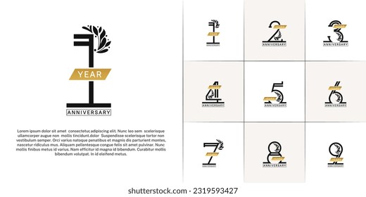 set of anniversary logotype black color with ornament and gold ribbon for special celebration event