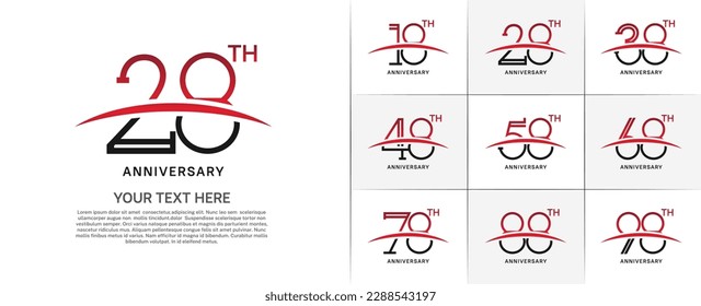 juego de años de logotipo negro y rojo color con swoosh para un evento de celebración especial