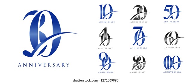 Set of anniversary logotype blue color. blue and black anniversary celebration emblem design for booklet, leaflet, magazine, brochure poster, web, invitation or greeting card. Vector illustration.