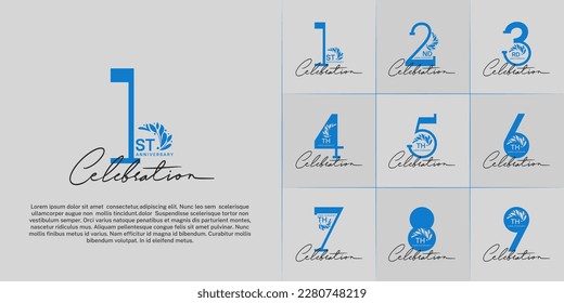 set of anniversary logotype blue color with ornament and handwriting for special celebration event