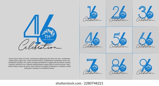 set of anniversary logotype blue color with ornament and handwriting for special celebration event