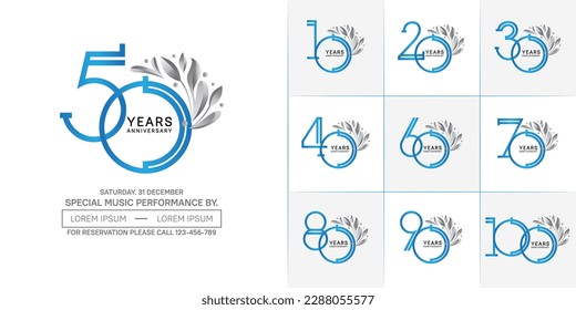 set of anniversary logotype blue color with silver ornament for special celebration event