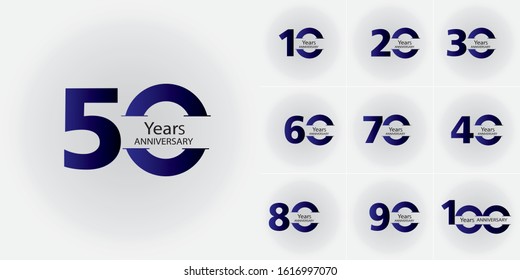 Set of anniversary logotype. blue font anniversary celebration emblem design for booklet, leaflet, magazine, brochure poster, web, invitation or greeting card. Vector illustration.