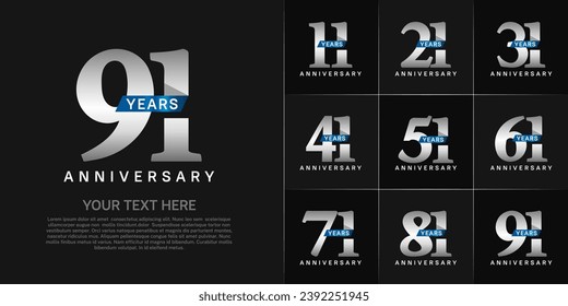 Set of Anniversary Logotype with blue ribbon, silver color can be use for special day celebration