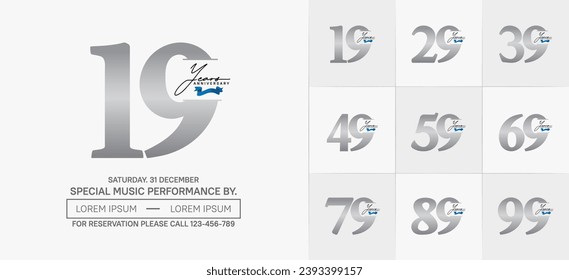 Set of Anniversary Logotype with blue ribbon, silver color can be use for special day celebration
