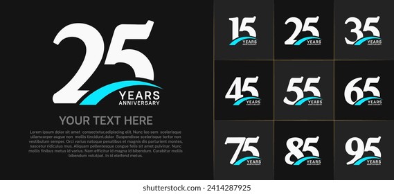 Set of Anniversary Logotype with blue swoosh, white color can be use for special day celebration