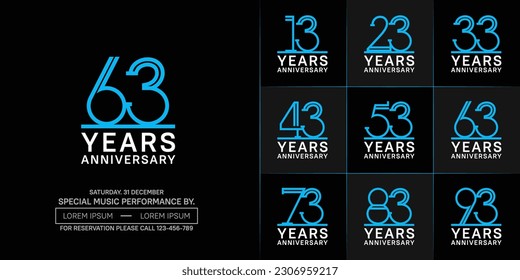 conjunto de años logotipo de color azul y blanco para evento de celebración especial