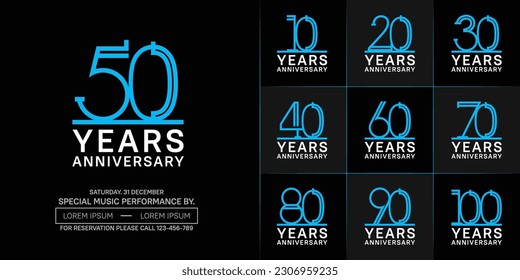 conjunto de años logotipo de color azul y blanco para evento de celebración especial