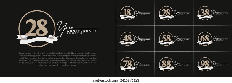 Set of Anniversary Logotype brown color with ring and white ribbon can be use for special day celebration