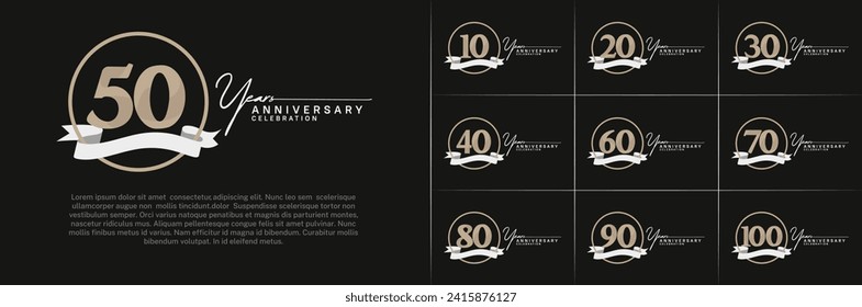 Set of Anniversary Logotype brown color with ring and white ribbon can be use for special day celebration