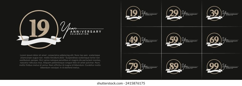 Set of Anniversary Logotype brown color with ring and white ribbon can be use for special day celebration