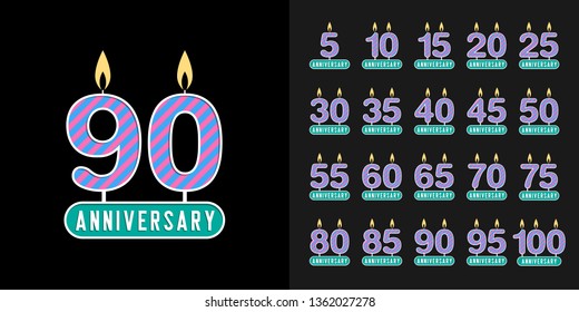 Set of anniversary logotype. Anniversary celebration with birthday candle design for company profile, booklet, leaflet, magazine, brochure, invitation or greeting card. Vector illustration.