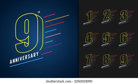 Set of anniversary logotype. Colorful anniversary celebration icons design for booklet, leaflet, magazine, brochure poster, web, invitation or greeting card. Vector illustration.