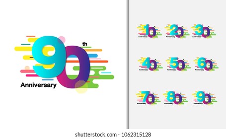 Set of anniversary logotype. Colorful anniversary celebration icons design for booklet, leaflet, magazine, brochure poster, web, invitation or greeting card. Vector illustration.