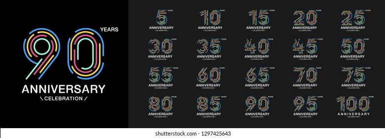 Set of anniversary logotype. Colorful anniversary celebration icons. Design for company profile, booklet, leaflet, magazine, brochure, invitation or greeting card. Vector illustration.