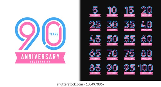 Set of anniversary logotype. Colorful anniversary celebration emblem design for company profile, booklet, leaflet, magazine, brochure, web, invitation or greeting card. Vector illustration.