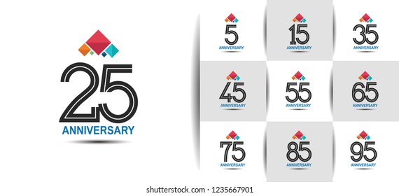 set of anniversary logotype with colorful crown isolated on white background for celebration moment