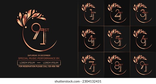 juego de aniversario logotipo color cobre con swoosh y ornamento para evento de celebración especial