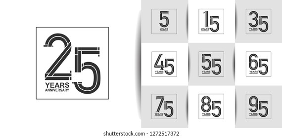 set of anniversary logotype design with black flat color on square isolated on white background