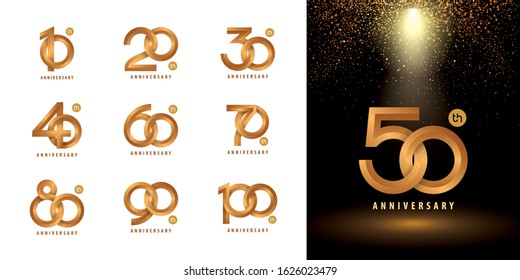 Set of Anniversary logotype design, Celebrating Anniversary Logo multiple line golden for celebration event, invitation, greeting, template, Flyer, Infinity loop logo vector, unite, harmony, together