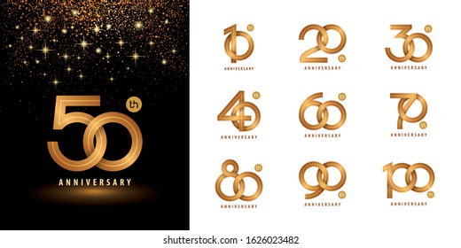 Set of Anniversary logotype design, Celebrating Anniversary Logo multiple line golden for celebration event, invitation, greeting, template, Flyer, Infinity loop logo vector, unite, harmony, together