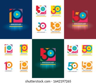 Set of Anniversary logotype design, Celebrating Anniversary Colorful Logo for celebration event, invitation, greeting, web template, Flyer and booklet, Play symbol, 10th, 30th ,50th, 10, 30, 50