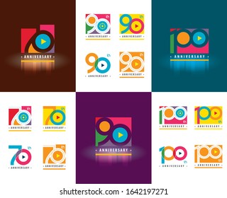 Set of Anniversary logotype design, Celebrating Anniversary Colorful Logo for celebration event, invitation, greeting, web template, Flyer and booklet, Play symbol, 70, 90, 100, 70th, 90th, 100th