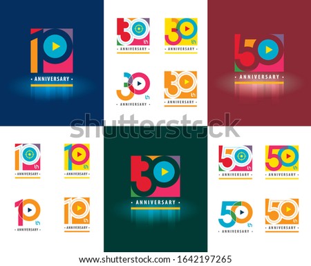 Set of Anniversary logotype design, Celebrating Anniversary Colorful Logo for celebration event, invitation, greeting, web template, Flyer and booklet, Play symbol, 10th, 30th ,50th, 10, 30, 50