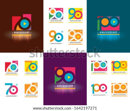 Set of Anniversary logotype design, Celebrating Anniversary Colorful Logo for celebration event, invitation, greeting, web template, Flyer and booklet, Play symbol, 70, 90, 100, 70th, 90th, 100th