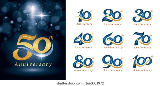 Set of Anniversary logotype design, Elegant Classic Logo, Vintage and Retro Serif Number Letters, Celebrate Anniversary Logo silver and golden for Congratulation celebration event, invitation,greeting