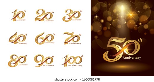 Set of Anniversary logotype design, Elegant Classic Logo, Vintage and Retro Serif Number Letters, Celebrate Anniversary Logo silver and golden for Congratulation celebration event, invitation,greeting